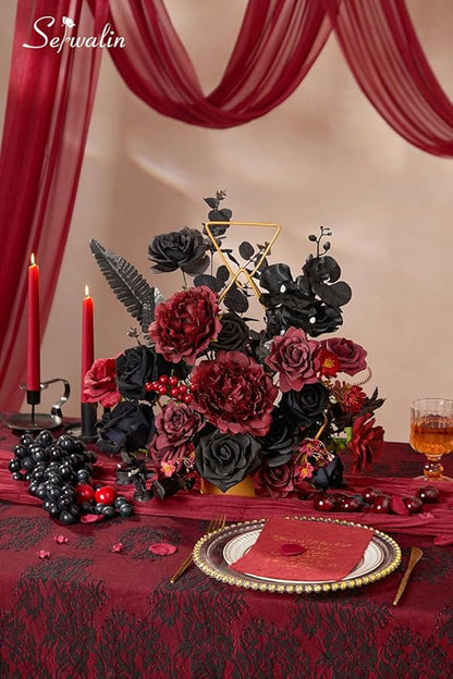 Serwalin Burgundy Black Artificial Flowers, Fake Silk Flowers for DIY Wedding Bridal Bouquet, Wedding Cake Flowers for Table Centerpieces Floral Arrangements Party Home Decorations