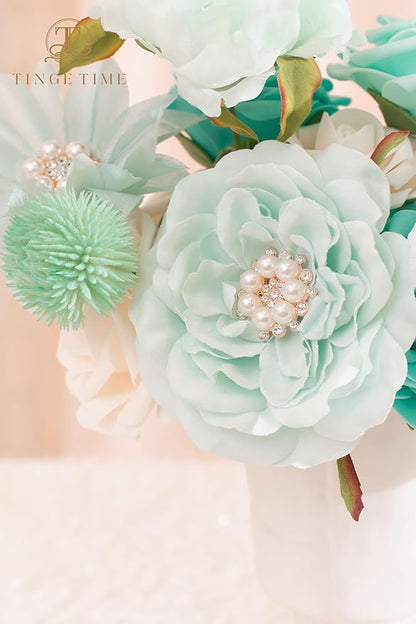 TINGE TIME Artificial Flowers Combo Mix Silk Flowers Teal Green Roses w/stem for DIY Wedding Bridal Bouquets Baby Shower Floral Arrangement Table Centerpieces Home Decorations (TealGreen&Champagne)