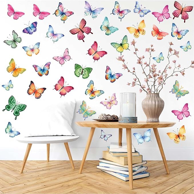 Large Butterfly Wall Decals 8 Sheets 62PCS Watercolor Wall Stickers Removable Peel & Stick for Kids Room Nursery Wall Art Girls Room Bedroom Décor