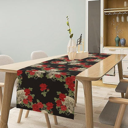 Gothic Table Runner,Red Rose Skull Print Table Runner for Home Kitchen Table Dining Garden Farmhouse Wedding Party Decor 13x120 Inch