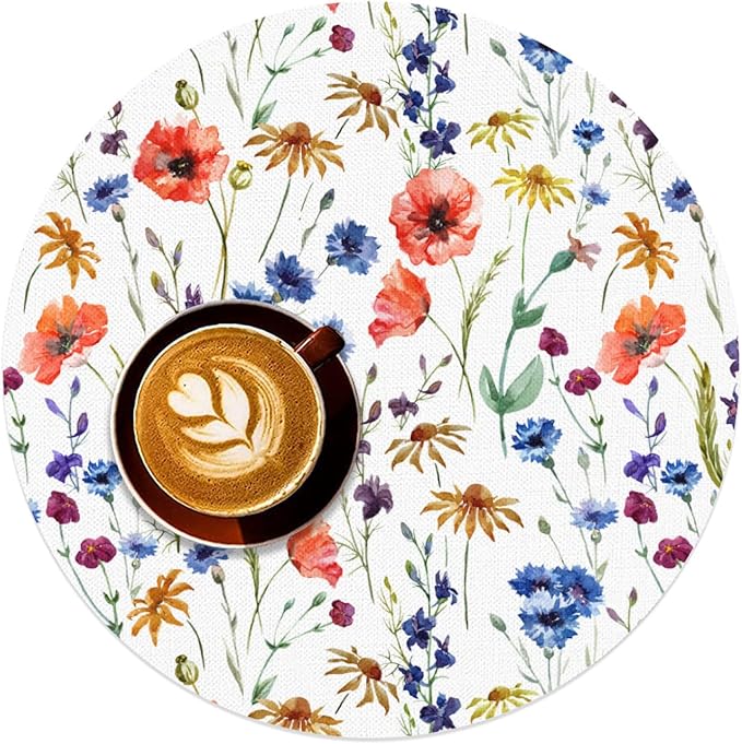 Flower Round Placemat Set of 4 Elegant Linen Table Mats for Dining, Heat Resistant, Stain Resistant Perfect for Dinner Parties, Restaurants, and Everyday Use