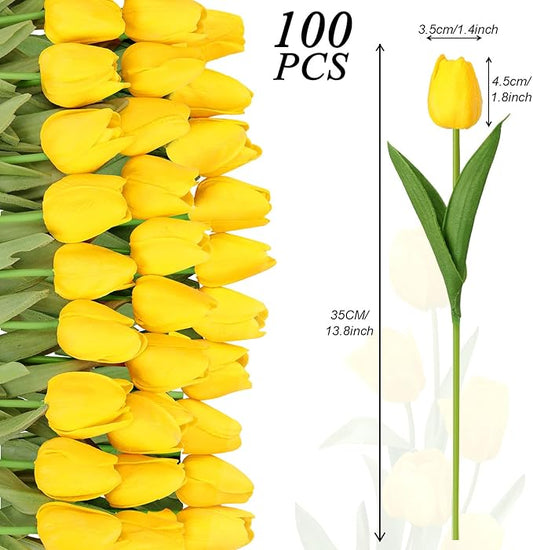 Janinka 100pcs Artificial Tulip Flowers Fake PU Tulips Faux Latex Bouquet Flower Centerpieces Arrangement Floral for Mother Day Wedding Spring Decorations (Yellow)
