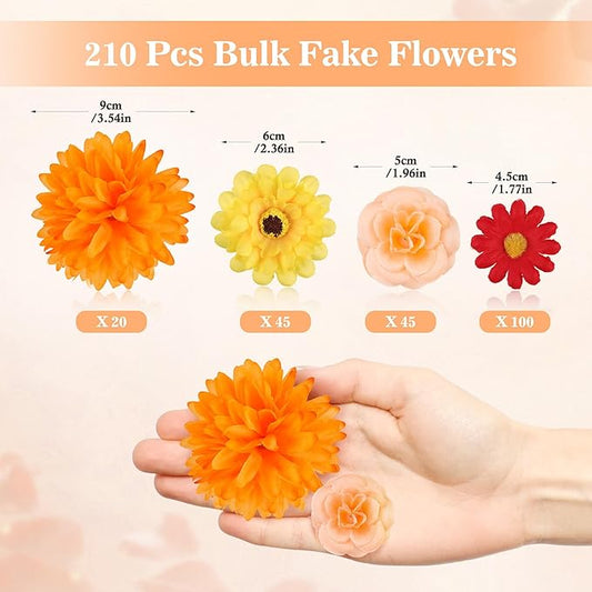 210Pcs Fall Decor Mini Silk Flower Heads Small Fake Mums Rose Faux Flowers Bulk for Crafts Orange Artificial Loose Fabric Flowers Heads Sunflower Bulk for Wedding Hair Cap Autumn Home Decorations