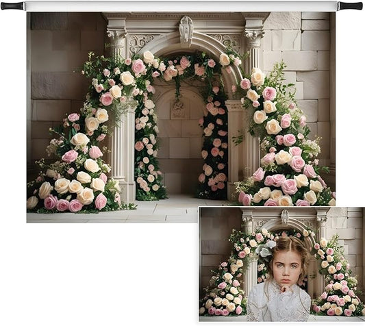 7x5ft White Pink Roses Backdrop Romantic Spring Floral Arch Vintage Palace Wall Background for Wedding Mothers Day Valentines Day Bridal Shower Birthday Princess Couples Women Portraits