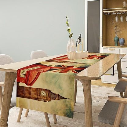 British Table Runner, Seasonal Vintage Buildings England London Culture Element Coffee Table Center Decor for Home Kitchen Dining Patio Holiday Party Table Decorations 13x72 inches