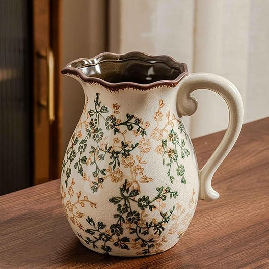 Vintage Ceramic Vase with Handle, Green and Beige Rustic Flower Pitcher Vase for Home Decor, Decorative Vase for Living Room, Bookshelf, Office, Vases for Centerpieces 8 Inch