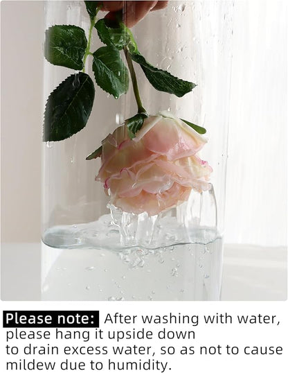 6Pcs Fake Austin Rose Peonies Flowers with Vase, Clear Glass Vase with Pink Real Touch Peonies Artificial Flowers Home Decor(Pink)