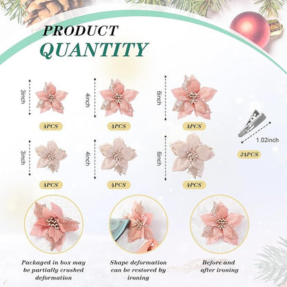 Boao 24 Pieces Christmas Artificial Glitter Poinsettia Flowers Xmas Flowers Wedding Christmas Tree New Year Ornaments(Champagne and Rose Gold)