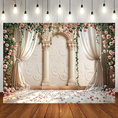 Wedding Party Backdrop, Floral Grass Wall White Sheer Curtain Flower Arch Photography Background, Greek Rose Wall Arch Lover Marriage Proposal Bridal Reception Photo Booth Props Banner 10x8ft