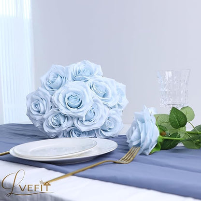 12pcs Artificial Rose Flower Ice Blue Rose Flower with Long Stem Silk Roses Bouquet for Wedding Bridal Shower Party Home Decoration