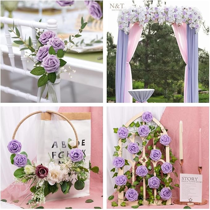 N&T NIETING Purple Artificial Flowers, 25pcs Artificial Flowers Bulk Fake Flowers Roses with Stem for DIY Wedding Bridal Bouquet Baby Shower Home Decoration, Lavender