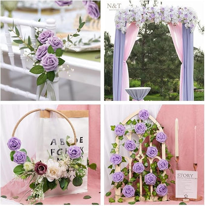 N&T NIETING Purple Artificial Flowers, 25pcs Artificial Flowers Bulk Fake Flowers Roses with Stem for DIY Wedding Bridal Bouquet Baby Shower Home Decoration, Lavender