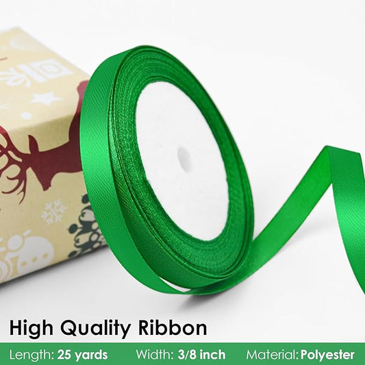 25 Yards 3/8 inch Satin Ribbon, Solid Color Fabric Ribbon Perfect for Gift Wrapping, Wedding, Handmade Bows, Floral Bouquets and Party Decoration(Green)