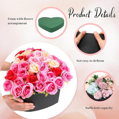 Nuenen Heart Shaped Flower Gift Boxes, Floral Gift Box with Lids Floral Foam Clear Cellophane 9.8 x 9 x 5 Inches for Birthday Wedding Proposal Packaging Arrangements(Black)