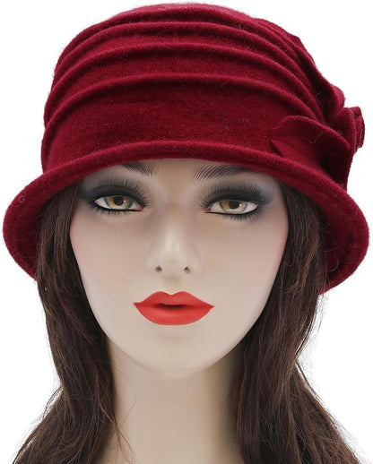 ZLYC Women Wool Cloche Bucket Hat 1920s Vintage Dress Winter Hats with Flower Accent