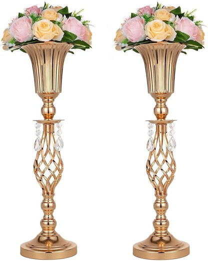 2 Pcs Elegant Metal Gold Floral Vase, Beaded Crystal Gold Trumpet Crown Vase, Perfect for Wedding Banquets, Birthdays, Anniversaries, Holiday Parties and Other Important Event Centerpieces(23.2")