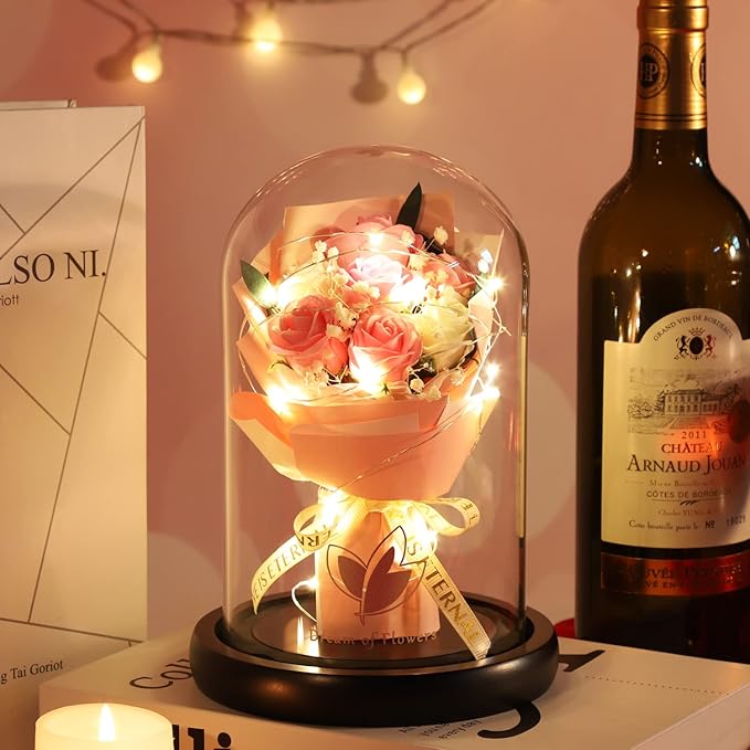 Christmas Rose Gifts for Her,Christmas Flower Gifts for Women,Forever Flowers Rose in Glass Dome with 2 Light Modes,Light Up Rose Valentines Anniversary Birthday Gifts for Women, Mom,Wife,Girlfriend