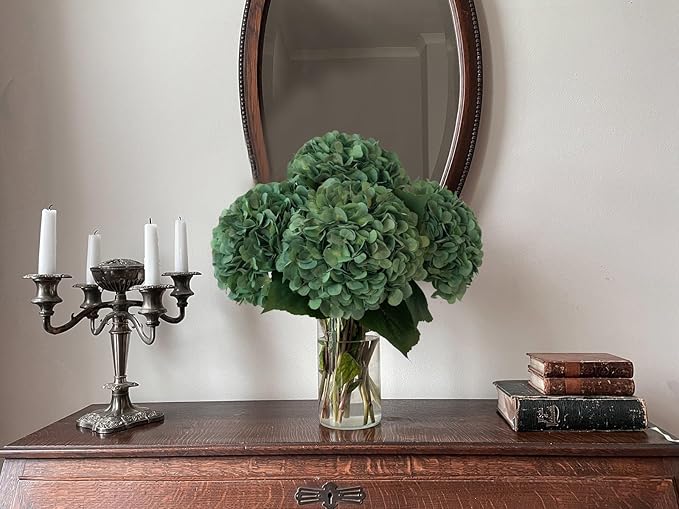 YalzoneMet 4Pcs Dark Green Silk Hydrangea Artificial Flower Big Blooms 20'' Long Stem Vintage Faux Hydrangea Flower Bouquets for Home Party Indoor Outdoor Boho Table Centerpiece Decor
