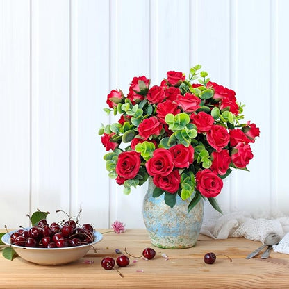 40 Heads Artificial Roses Flowers for Outdoors,4 Bunches Fake Silk Red Rose Plastic Flower UV-Resistant Faux Floral Bouquet Arrangements for Outdoor Vase Planters Garden Outside Decoration