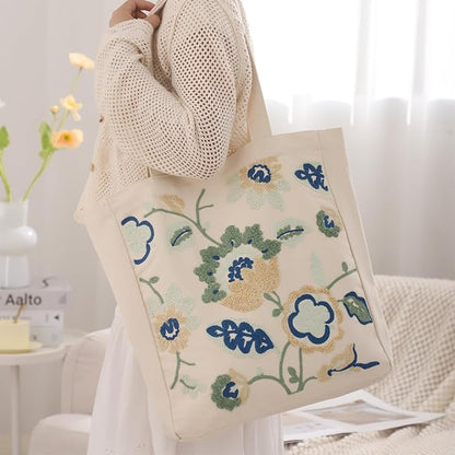 Aesthetic Embroidery Tote Bag for Lady Cute Reusable Canvas Shoulder Bag for Girls Women Shopping Grocery