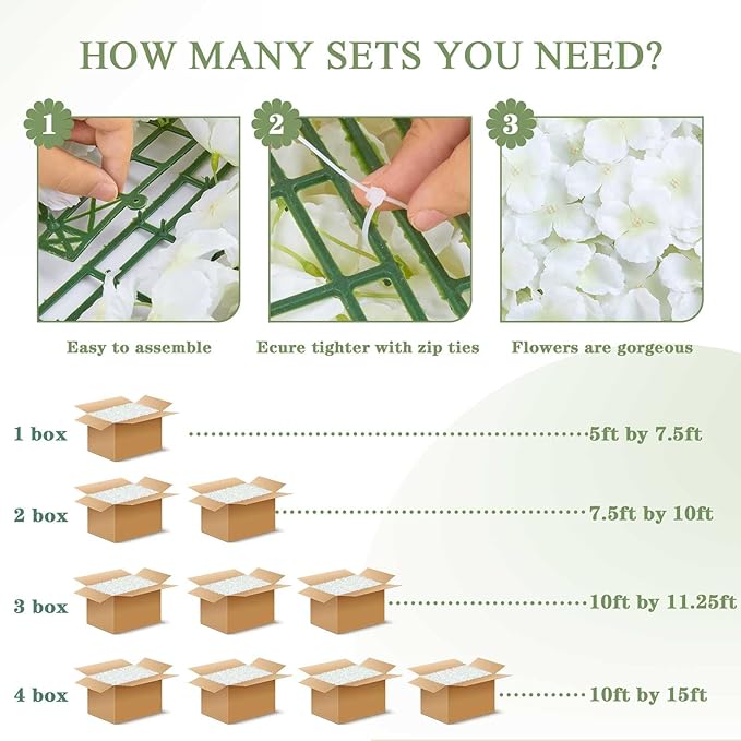 White Flower Wall Panels Backdrop with Green: Wedding Artificial Flower Wall Backdrop 5ft by 7.5ft Hydrangea Floral Wall for Wedding Anniversary Party Decoration (24 Pcs 15 x 15 Inch)