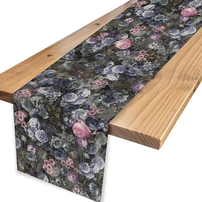 Vintage Floral Table Runner, Gothic Pink Blue Floral Boho Flower Garden Botanical Spring Seasonal Print Table Center Decor for Family Kitchen Table Decorations Indoor Outdoor 13x36 inch