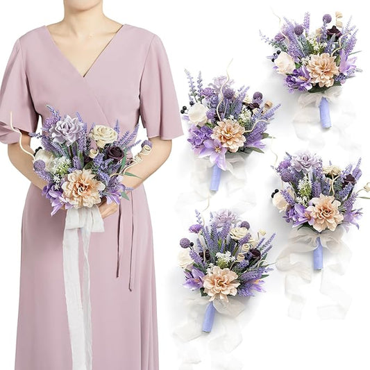 Ling's moment Artificial Flowers Purple Bridesmaid Bouquet Set of 4, Lavender Wedding Flowers Bouquets for Bridesmaids, 7 Inch Bridal Bouquets for Bridesmaids, Wedding, etc