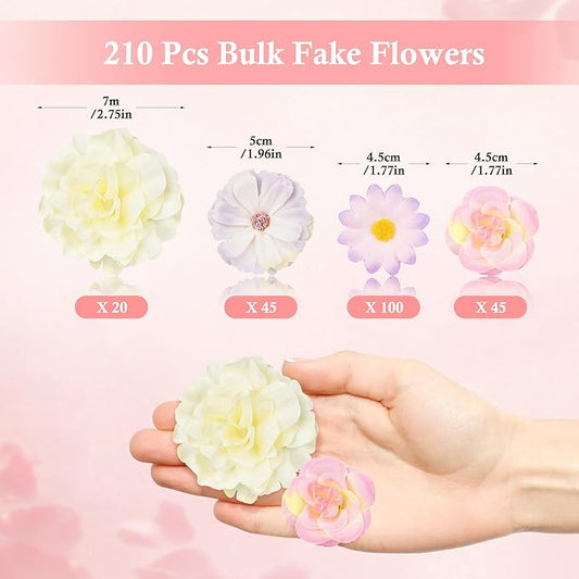 210 Pcs Mini Silk Flower Heads Small Fake Rose Daisy Faux Flowers Bulk for Crafts Artificial Loose Fabric Flowers Heads Sunflower Bulk for Wedding Hair Cap Dresses Decorations (Light Colors Mixed)