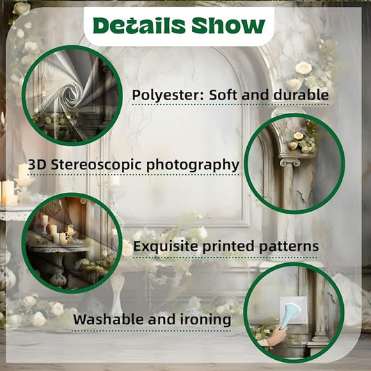 7x5ft Vintage Concrete Building Wall Backdrop Retro Candle White Floral Photography Background for Wedding Mothers Day Valentines Day Bridal Birthday Princess Couples Women Portraits