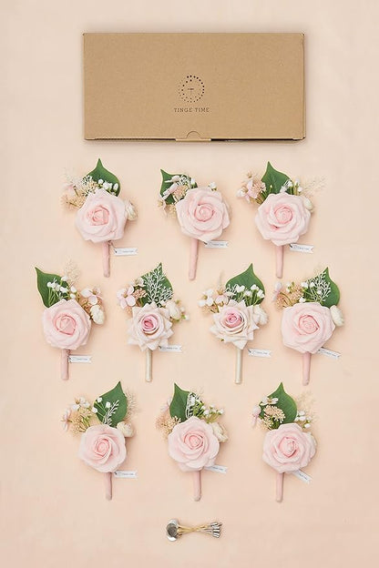 TINGE TIME Boutonniere for Men Wedding,Groom and Best Man Boutonniere for Wedding Ceremony Anniversary, Formal Dinner Party and Rustic Spring Wedding Marriage (10, Sakura Pink)