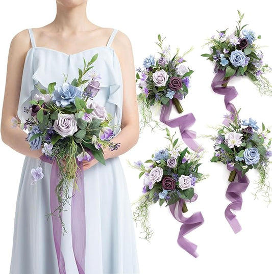 Ling's moment Ethereal Purple Bridesmaid Bouquet Set of 4, Purple Wedding Bouquets for Bridesmaids, 7 Inch Bridal Bouquets for Bridesmaids, Wedding, Ceremony, Anniversary, etc.