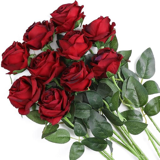 Veryhome Artificial Flowers Silk Roses Real Touch Bridal Wedding Bouquet for Home Garden Party Floral Decor 10 Pcs (Blooming Rose - Gradient Burgundy Red)
