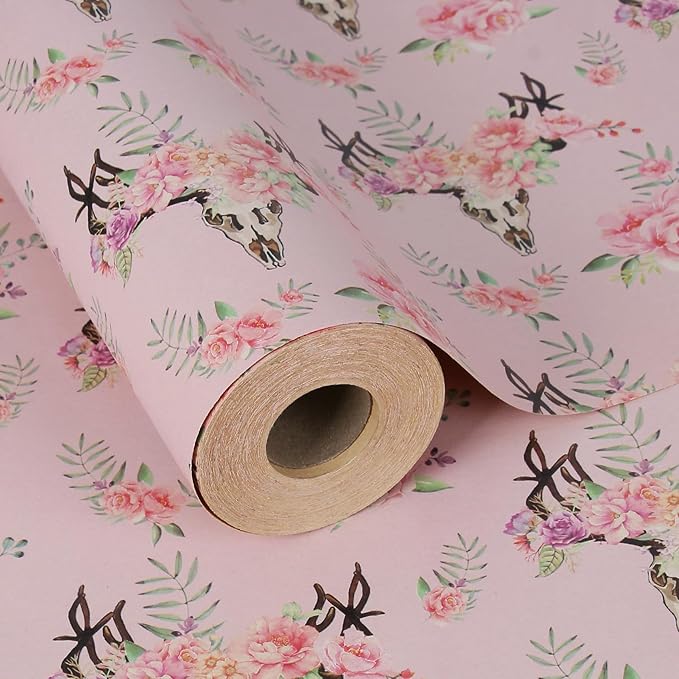 Aimyoo Pink Skull Floral Kraft Wrapping Paper Jumbo Roll, Gothic Gift Wrap Paper for Birthday Bridal Shower 17 in x 60 ft