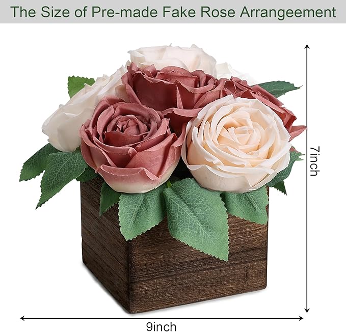 Dining Table Centerpiece Set of 3 - Pre-Made Aritifial Rose with Wooden Vase Fake Floral Arrangment Faux Flower for Wedding Bridal Tea Party Event Decorations - Dusty Pink & Champagne