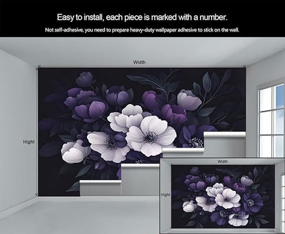 Dark Peony Floral Wall Mural, Purple and Black Flower 3D Wall Murals, Luxury Botanical Wallpaper Mural, for Living Room Bedroom Large Wallpaper Indoor Decor 137.8" W x100 H