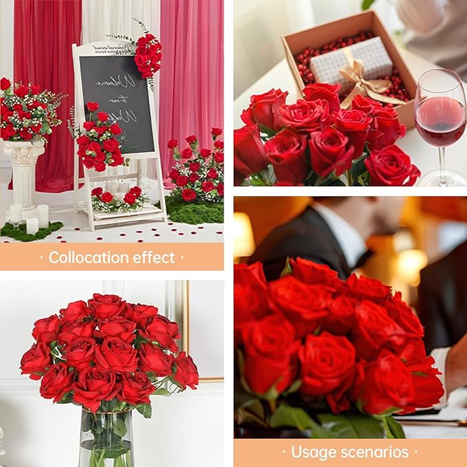 Artificial Silk Roses Flowers - 200 Pack Rose Red Fake Flowers for Wedding Decor, 3.7Inch Velvet Flower Heads with 50cm Long Stems, Suitable for Home, Party Event Decor (200, Rose Red)