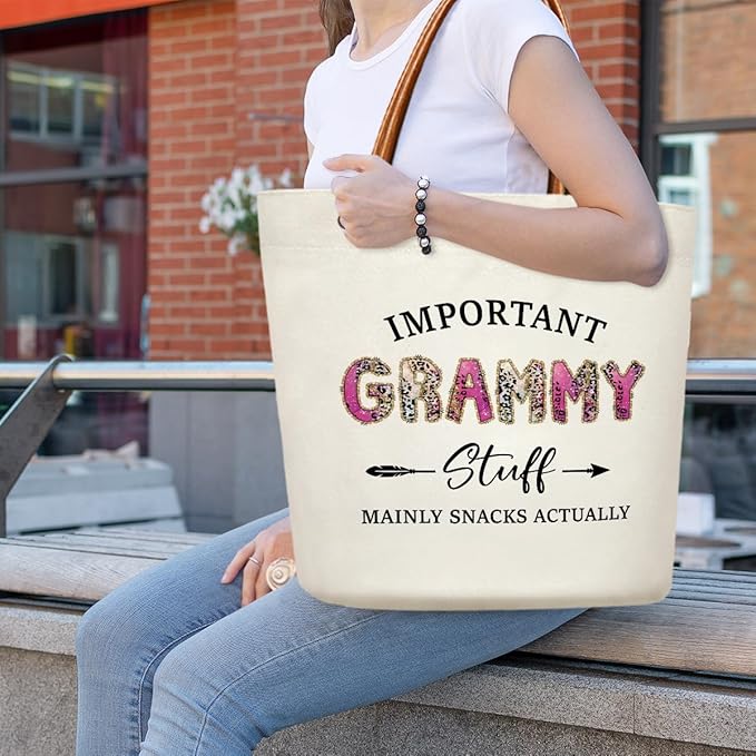Canvas Tote Bag for Women, Important Stuff Bag with Leather Handle, Reusable Grocery Bags for Shopping Beach Travel