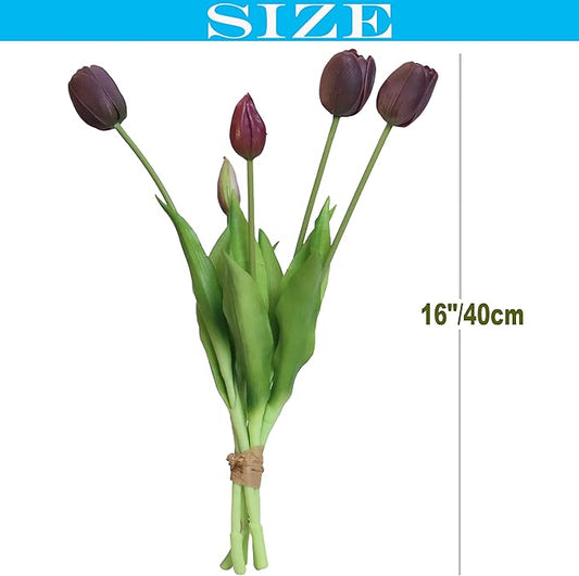 20pcs Artificial Tulip Flowers,16 Inch Real Touch Tulip Stems with Faux Leaves, Faux Tulips and Buds for Home Décor Centerpiece Ornament Wedding Bouquet,Midnight Purple