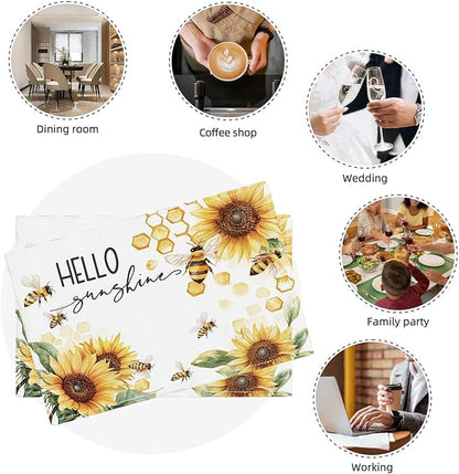 Farmhouse Sunflower Placemats Set of 4, Hello Sunshine Place Mats, Rustic Bee Dining Table Mats, Washable Placemats for Kitchen Dining Room Home Decor 18L'' × 12W''