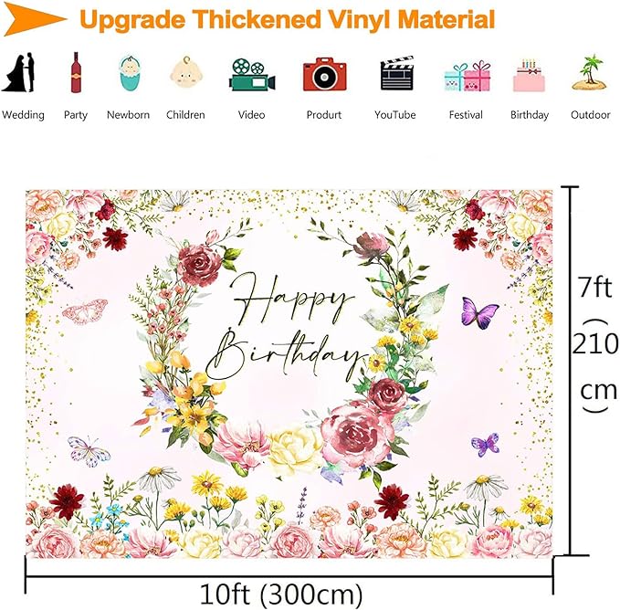 InMemory Spring Wildflower Backdrop Wild Flower Birthday Decorations for Girl,Watercolor Butterfly Floral Happy Birthday Banner Background Wildflowers 1st Bday Party Supplies Photo Booth Props 10x7ft
