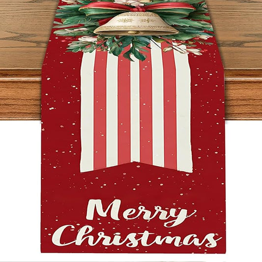 Christmas Table Runner– Elegant Merry Christmas Design with Golden Bell, Greenery & Red Bow, Festive Holiday Table Decoration for Dining Table, Kitchen & Home Décor