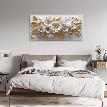 IDAFU Flower Wall Art White Foral and Golden Leaves Wall-décor White Wall Art Floral Painting Pictures for Living Room Bathroom Bedroom Kitchen Office Cuadros Decorativos Para Sala Decor 40L x 20W