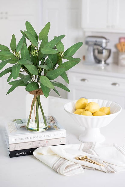 Briful Artificial Eucalyptus Stems in Clear Glass Vase with Faux Water, 14" Fake Plant Eucalyptus Leaves for Home Office Farmhouse Wedding Centerpiece Décor