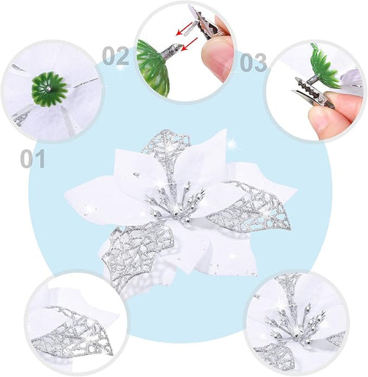 WILLBOND 36 Pieces White Christmas Poinsettia Glitter Faux Flowers Artificial Flowers Tree Ornaments Topper Xmas Decorations