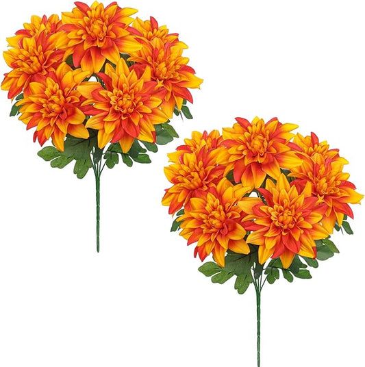 Hollyone 2Pcs Orange Artificial Dahlia Flowers Bush 7 Heads Silk Fake Dahlias Flowers with Stems Wedding Bouquets Faux Dahlia Flowers Arrangements for Outdoor Indoor DIY Table Centerpieces Home Decor