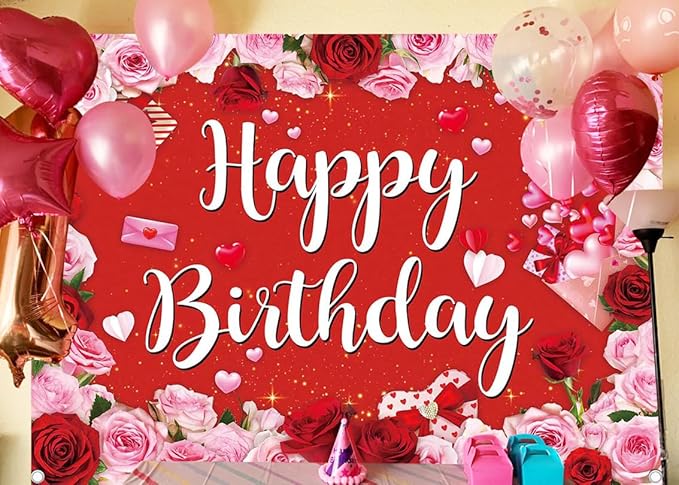 Rose Happy Birthday Backdrop for Women Red Pink Floral Birthday Photography Background Girl Flower Party Decorations Banner Booth Props (7x5FT(82 x 59 inch))