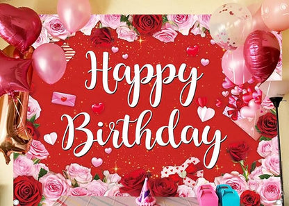 Rose Happy Birthday Backdrop for Women Red Pink Floral Birthday Photography Background Girl Flower Party Decorations Banner Booth Props (8x6FT(94 x 70 inch))