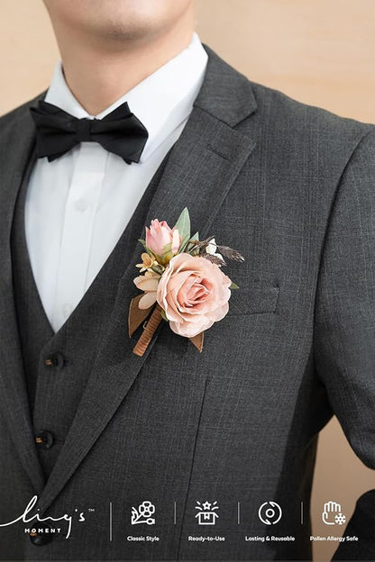 Ling's moment Boutonniere for Men, 6pcs Groom Groomsmen Boutonniere, Artificial Flowers for Wedding Decor/Prom/Homecoming, etc.Shabby Pink Dusty Rose