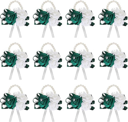 MECCANIXITY 12Pcs Wrist Corsage Artificial Flower Bracelets Rose Wrist Bride Groom Decorative for Wedding Ceremony Prom Party Anniversary Dark Green