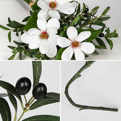 Briful Faux Greenery Stems 27in Artificial Olive Branches with Magnolia Flowers Spray Mixed Floral Greenery Bouquet for Home Vase Table Centerpiece Wedding Decoration